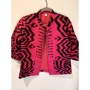 Thai Silk Pink Black Ikat Coin Button Cropped Jacket
